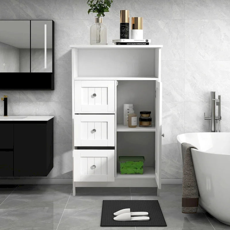 23.6W White Bathroom Freestanding Storage Cabinet Wood Linen Cabinet