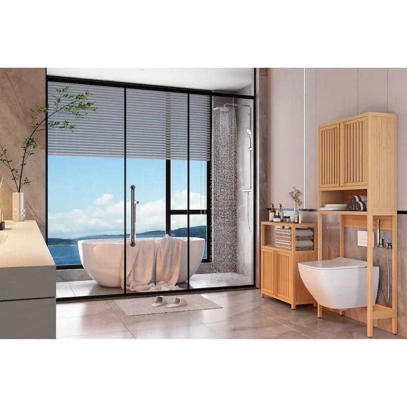 Bamboo Storage Cabinet, Freestanding Bathroom Cabinet with 2 Louvered Doors, Floor-Standing Cabinet