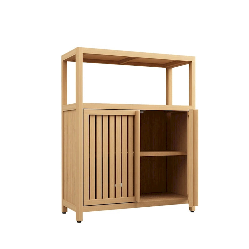 Bamboo Storage Cabinet, Freestanding Bathroom Cabinet with 2 Louvered Doors, Floor-Standing Cabinet