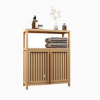 Bamboo Storage Cabinet, Freestanding Bathroom Cabinet with 2 Louvered Doors, Floor-Standing Cabinet
