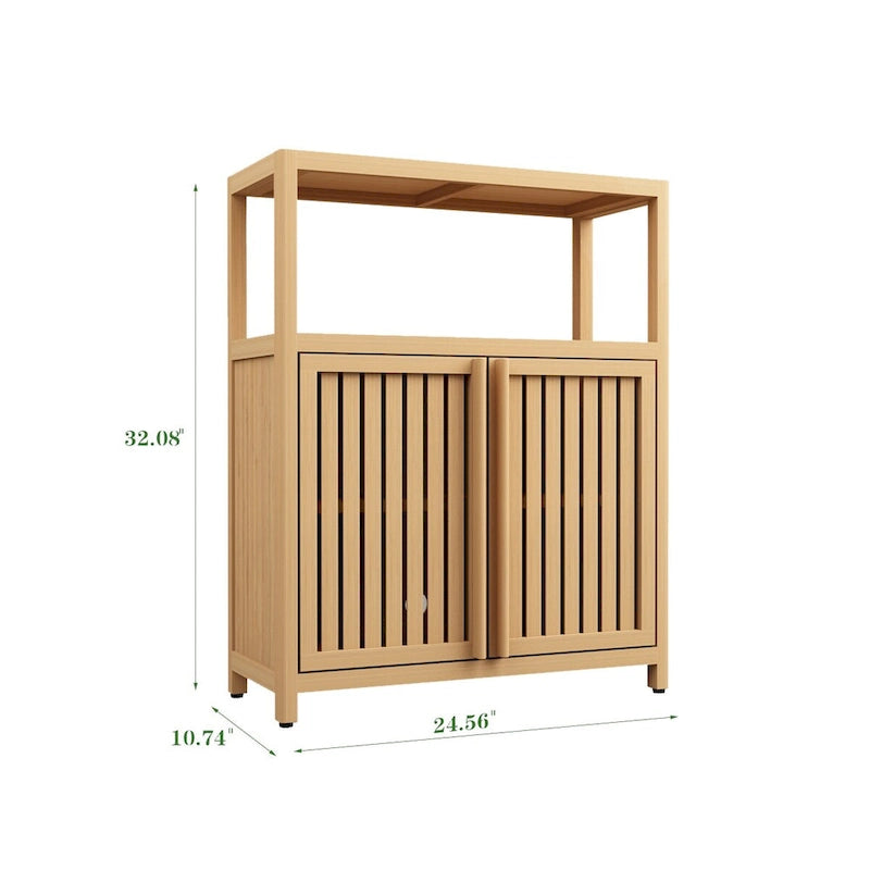 Bamboo Storage Cabinet, Freestanding Bathroom Cabinet with 2 Louvered Doors, Floor-Standing Cabinet