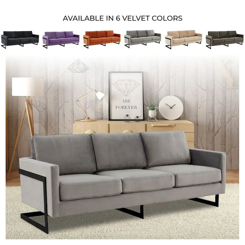 Leisuremod Lincoln 3-Seater Upholstered Velvet Sofa with Black Stainless-Steel Base