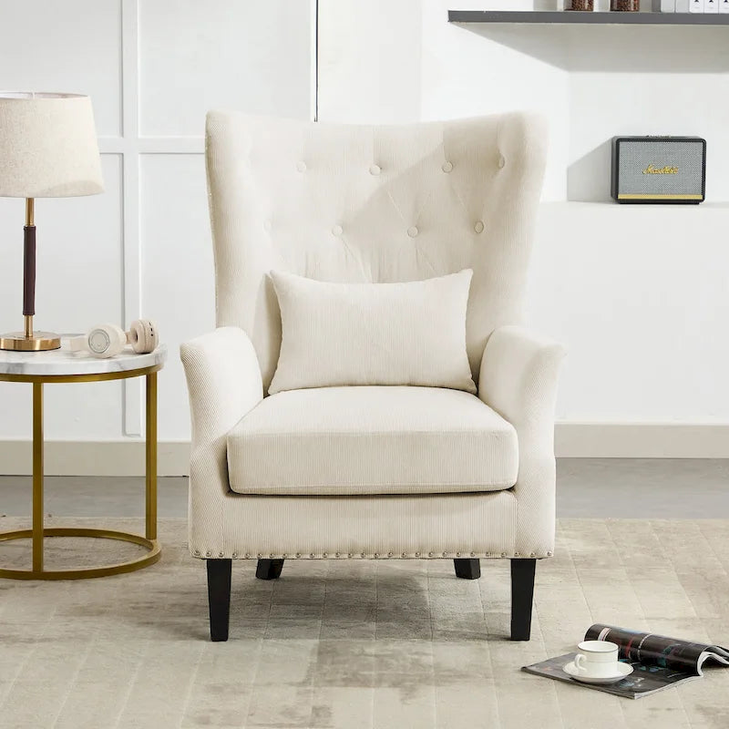 Classic Nailhead Trim Corduroy Wingback Armchair with a Lumbar Pillow and Rubberwood Legs