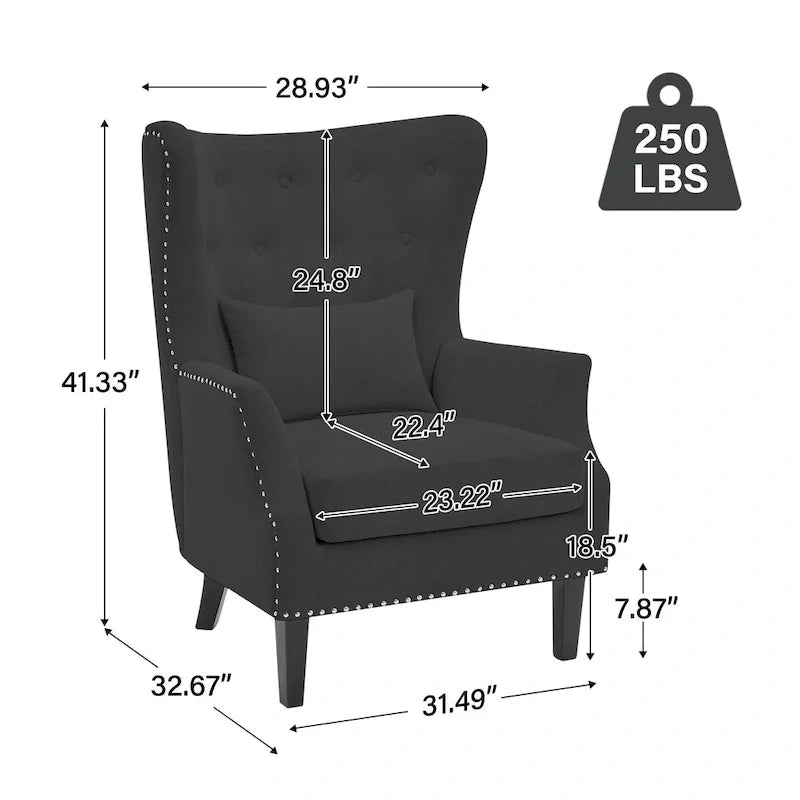 Classic Nailhead Trim Corduroy Wingback Armchair with a Lumbar Pillow and Rubberwood Legs