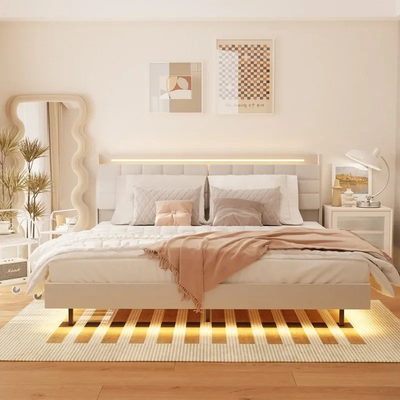 King Size Upholstered Floating Platform Bed with LED Light and Charging Station