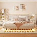 King Size Upholstered Floating Platform Bed with LED Light and Charging Station