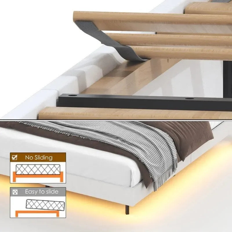 King Size Upholstered Floating Platform Bed with LED Light and Charging Station