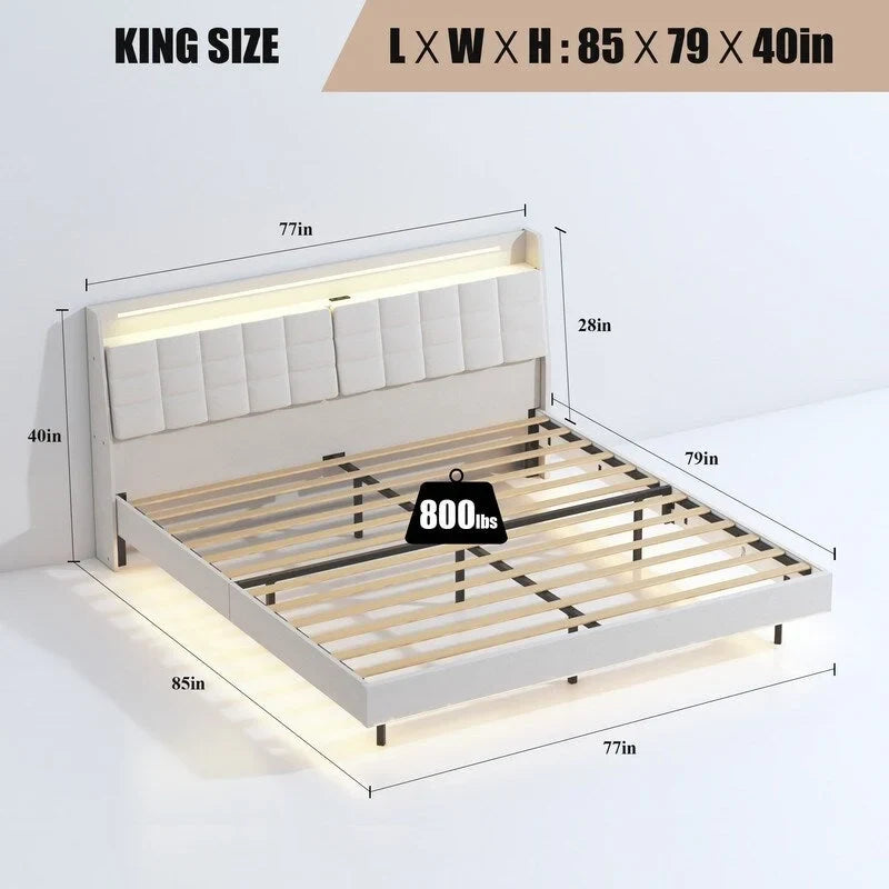 King Size Upholstered Floating Platform Bed with LED Light and Charging Station