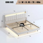 King Size Upholstered Floating Platform Bed with LED Light and Charging Station
