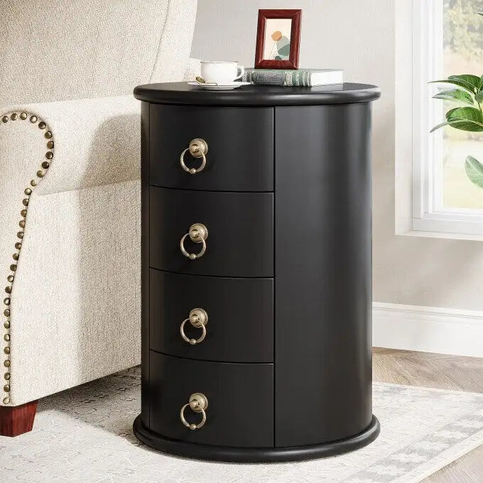 No Assembly Solid Wood End Table, Vintage Round Side Drawers Table