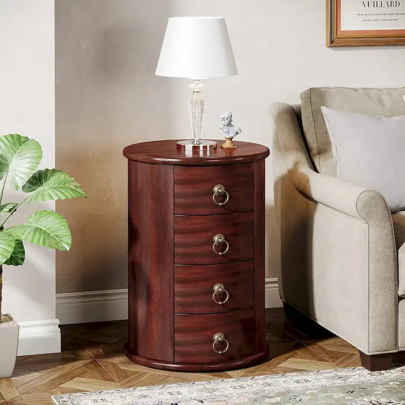 No Assembly Solid Wood End Table, Vintage Round Side Drawers Table