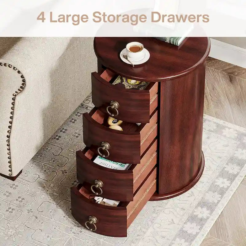 No Assembly Solid Wood End Table, Vintage Round Side Drawers Table