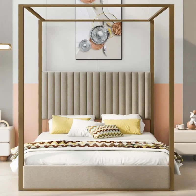 Queen Size Upholstery Canopy Platform Bed with Headboard and Metal Frame