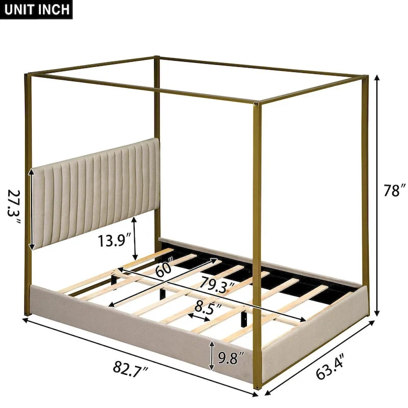 Queen Size Upholstery Canopy Platform Bed with Headboard and Metal Frame