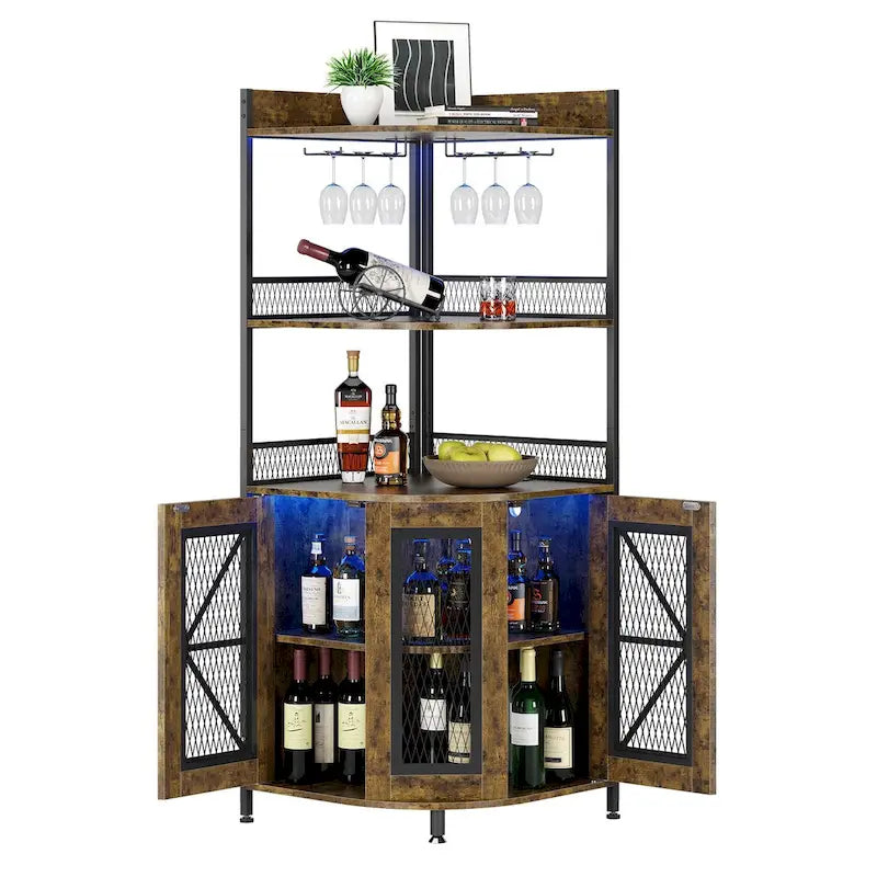 5-Tiers Corner Wine Cabinet with LED Light and Glass Holder