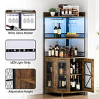 5-Tiers Corner Wine Cabinet with LED Light and Glass Holder