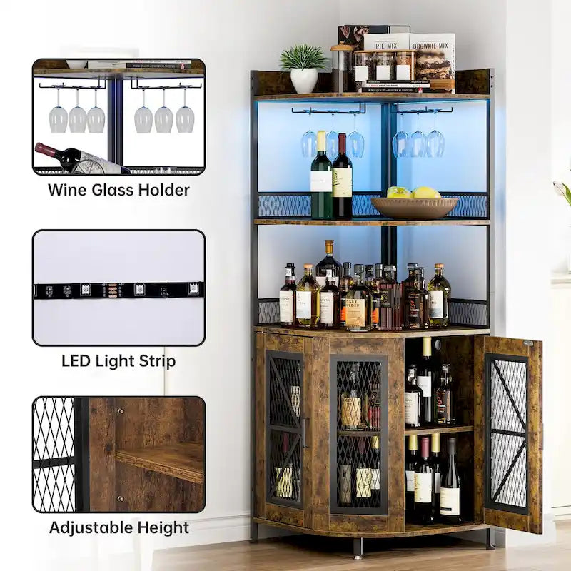 5-Tiers Corner Wine Cabinet with LED Light and Glass Holder