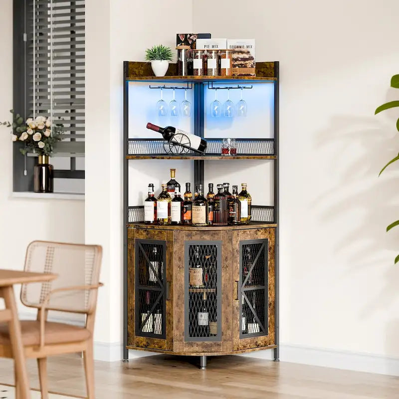 5-Tiers Corner Wine Cabinet with LED Light and Glass Holder
