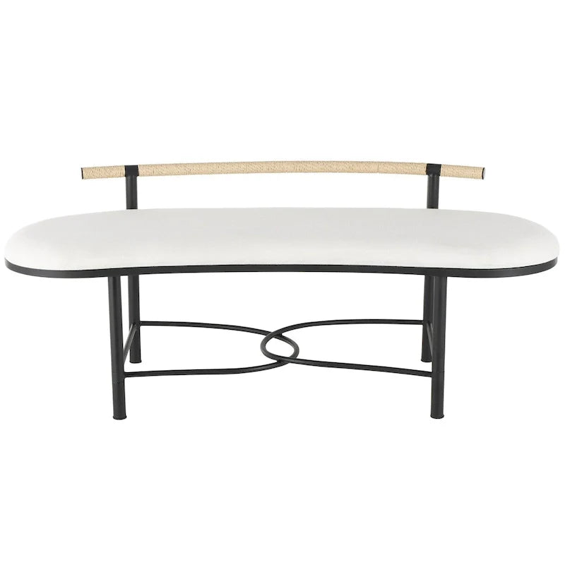 Metal Abstract Upholstered Oval Home Bench with Black Metal Frame and Rope Rod Backrest - White - Roche River Decor