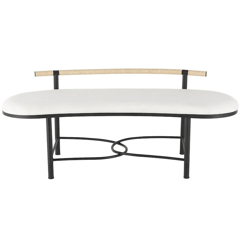 Metal Abstract Upholstered Oval Home Bench with Black Metal Frame and Rope Rod Backrest - White - Roche River Decor
