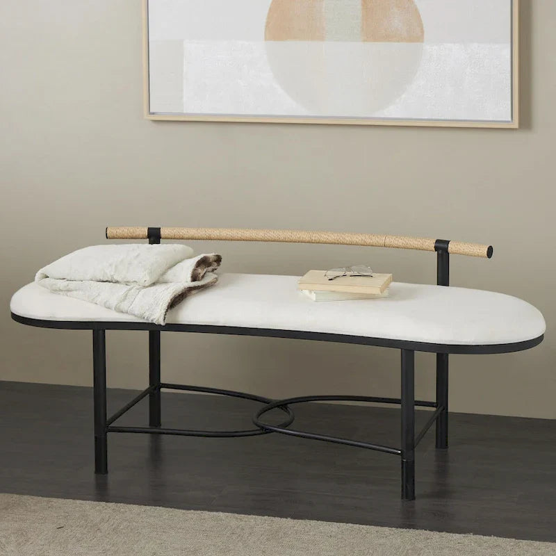 Metal Abstract Upholstered Oval Home Bench with Black Metal Frame and Rope Rod Backrest - White - Roche River Decor