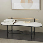 Metal Abstract Upholstered Oval Home Bench with Black Metal Frame and Rope Rod Backrest - White - Roche River Decor