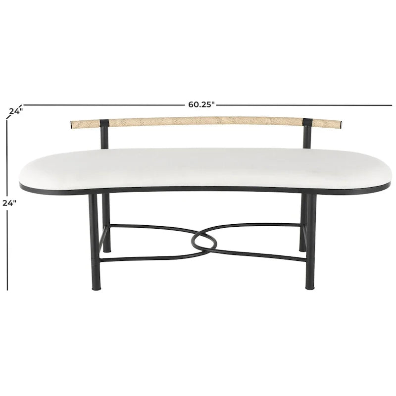 Metal Abstract Upholstered Oval Home Bench with Black Metal Frame and Rope Rod Backrest - White - Roche River Decor