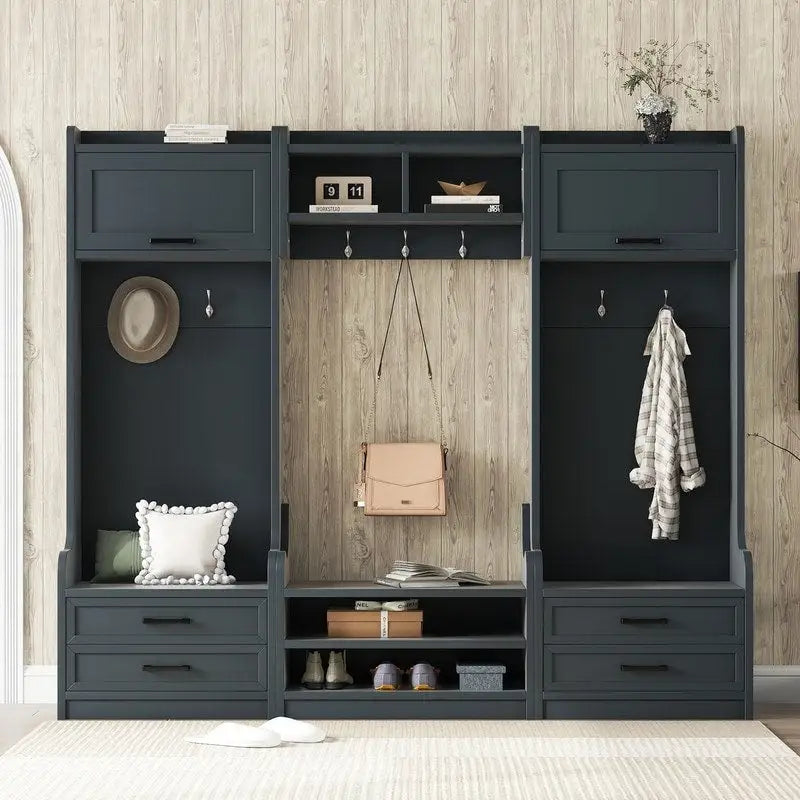 4-in-1 Detachable Hall Tree with Storage Cabinets and Hooks, Multifunctional Hallway Coat Rack with Drawers and Shoe Bench