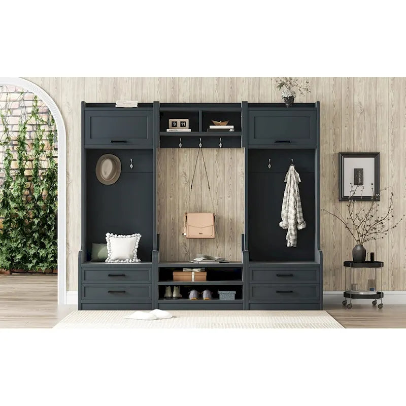 4-in-1 Detachable Hall Tree with Storage Cabinets and Hooks, Multifunctional Hallway Coat Rack with Drawers and Shoe Bench