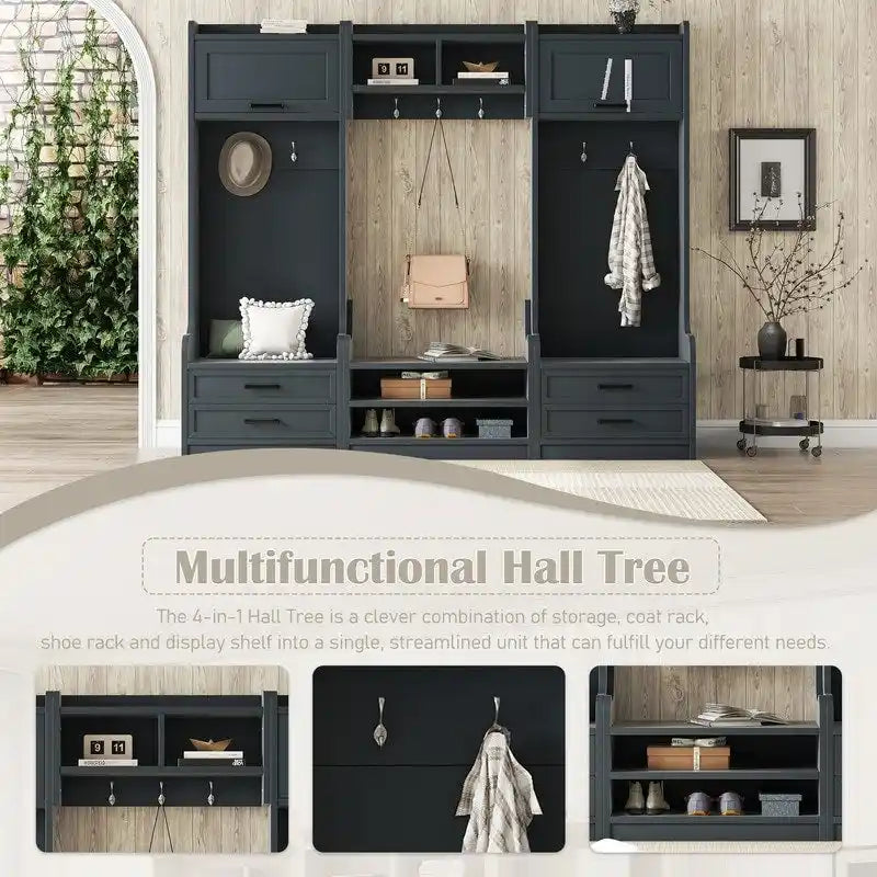 4-in-1 Detachable Hall Tree with Storage Cabinets and Hooks, Multifunctional Hallway Coat Rack with Drawers and Shoe Bench