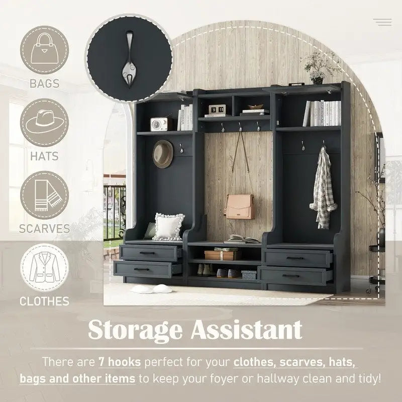 4-in-1 Detachable Hall Tree with Storage Cabinets and Hooks, Multifunctional Hallway Coat Rack with Drawers and Shoe Bench