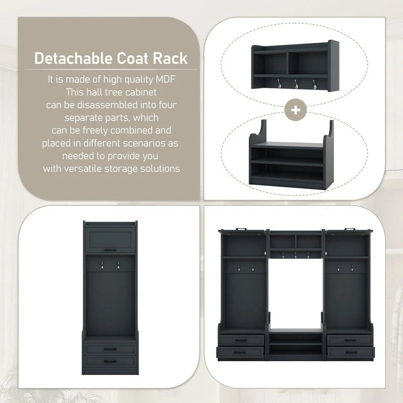 4-in-1 Detachable Hall Tree with Storage Cabinets and Hooks, Multifunctional Hallway Coat Rack with Drawers and Shoe Bench