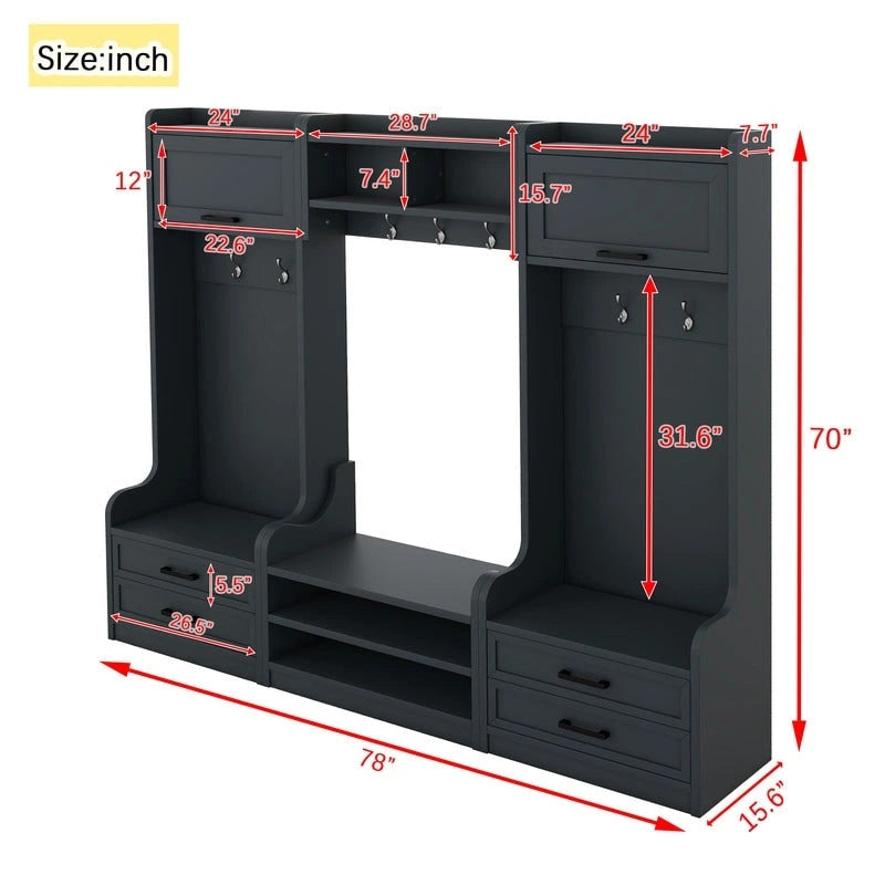 4-in-1 Detachable Hall Tree with Storage Cabinets and Hooks, Multifunctional Hallway Coat Rack with Drawers and Shoe Bench