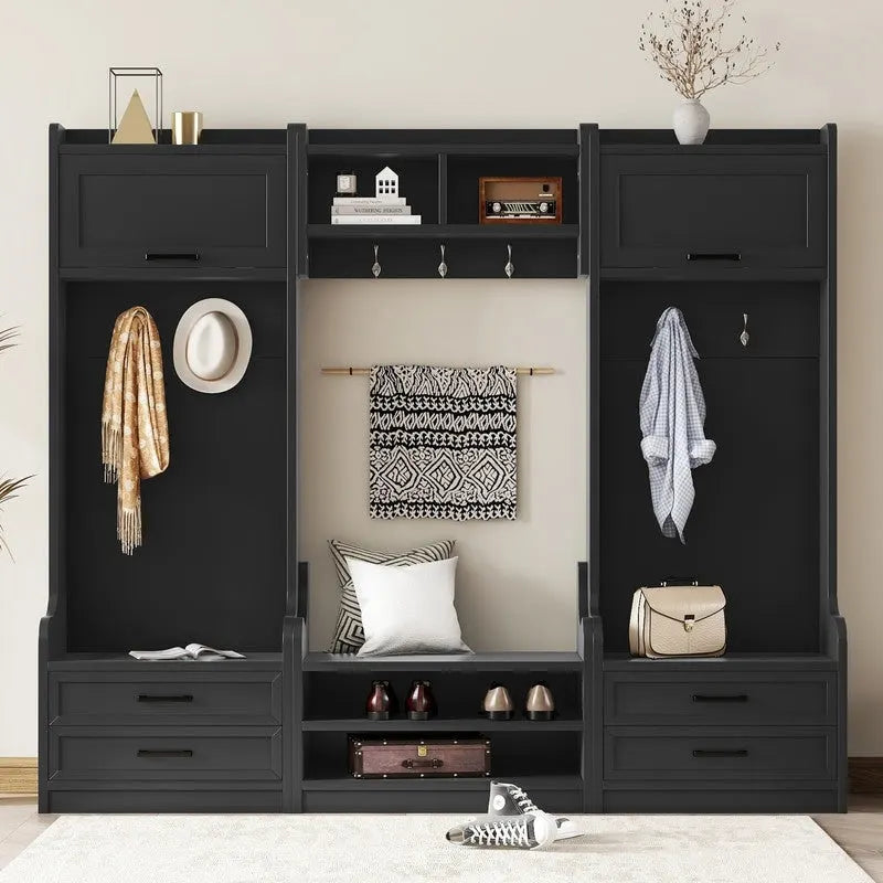 4-in-1 Detachable Hall Tree with Storage Cabinets and Hooks, Multifunctional Hallway Coat Rack with Drawers and Shoe Bench