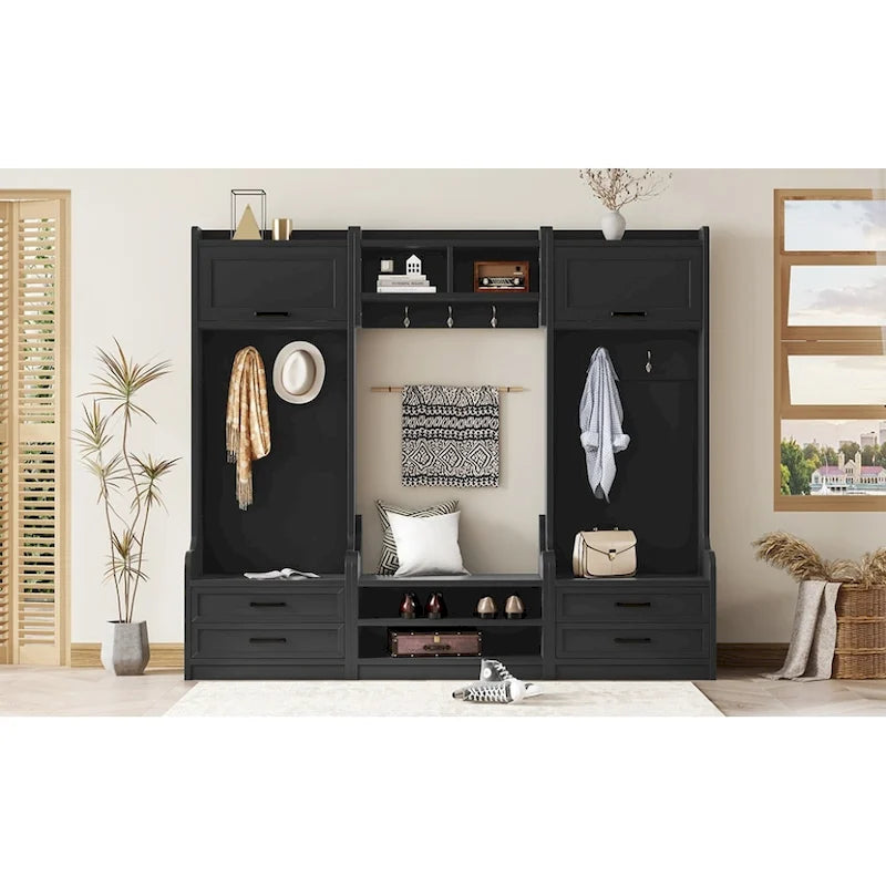 4-in-1 Detachable Hall Tree with Storage Cabinets and Hooks, Multifunctional Hallway Coat Rack with Drawers and Shoe Bench