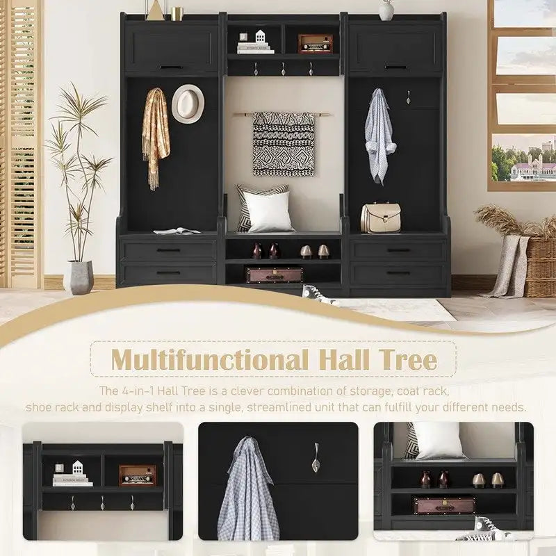 4-in-1 Detachable Hall Tree with Storage Cabinets and Hooks, Multifunctional Hallway Coat Rack with Drawers and Shoe Bench