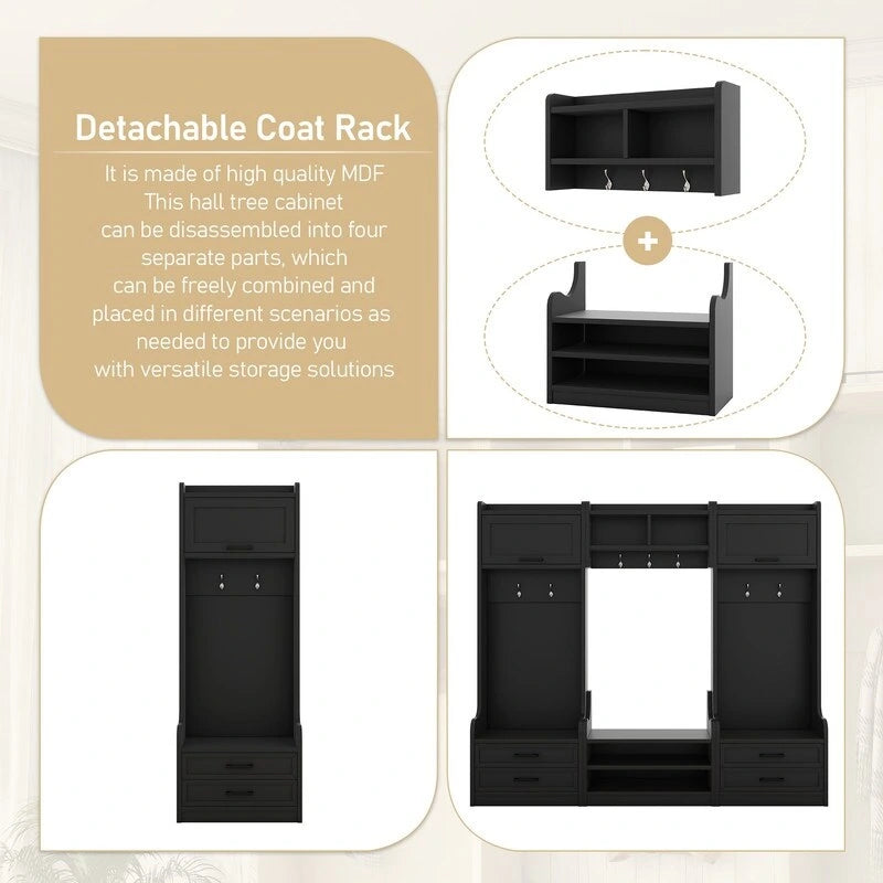 4-in-1 Detachable Hall Tree with Storage Cabinets and Hooks, Multifunctional Hallway Coat Rack with Drawers and Shoe Bench