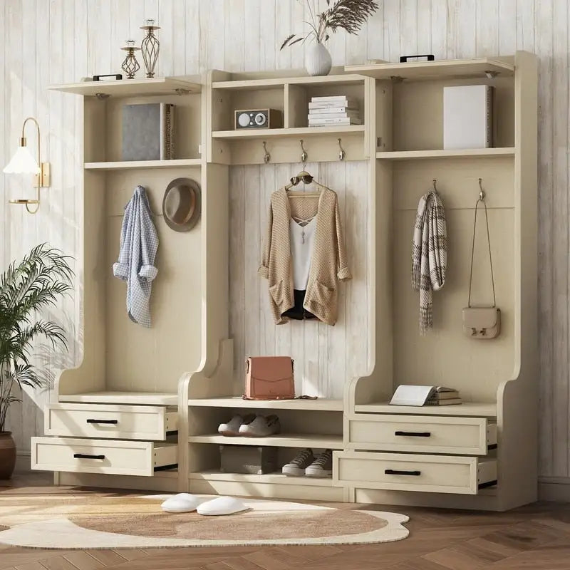 4-in-1 Detachable Hall Tree with Storage Cabinets and Hooks, Multifunctional Hallway Coat Rack with Drawers and Shoe Bench