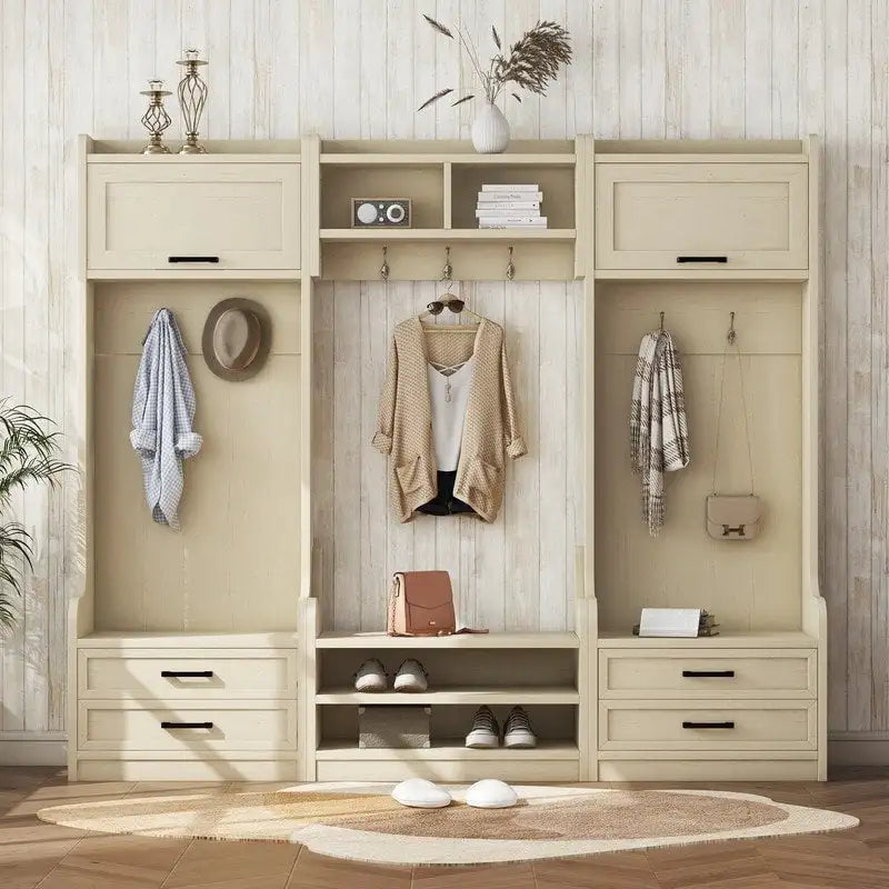4-in-1 Detachable Hall Tree with Storage Cabinets and Hooks, Multifunctional Hallway Coat Rack with Drawers and Shoe Bench