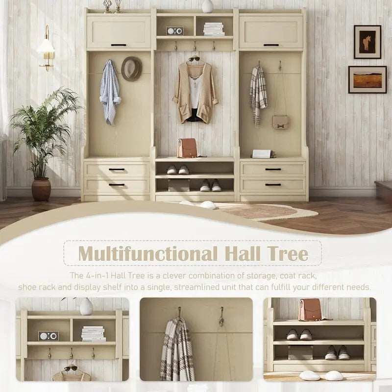 4-in-1 Detachable Hall Tree with Storage Cabinets and Hooks, Multifunctional Hallway Coat Rack with Drawers and Shoe Bench