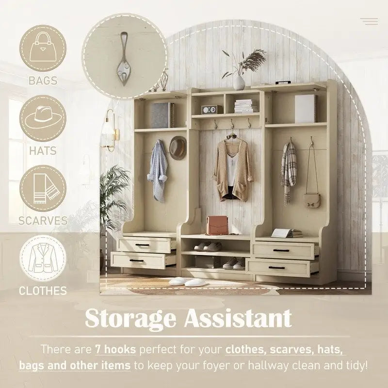 4-in-1 Detachable Hall Tree with Storage Cabinets and Hooks, Multifunctional Hallway Coat Rack with Drawers and Shoe Bench