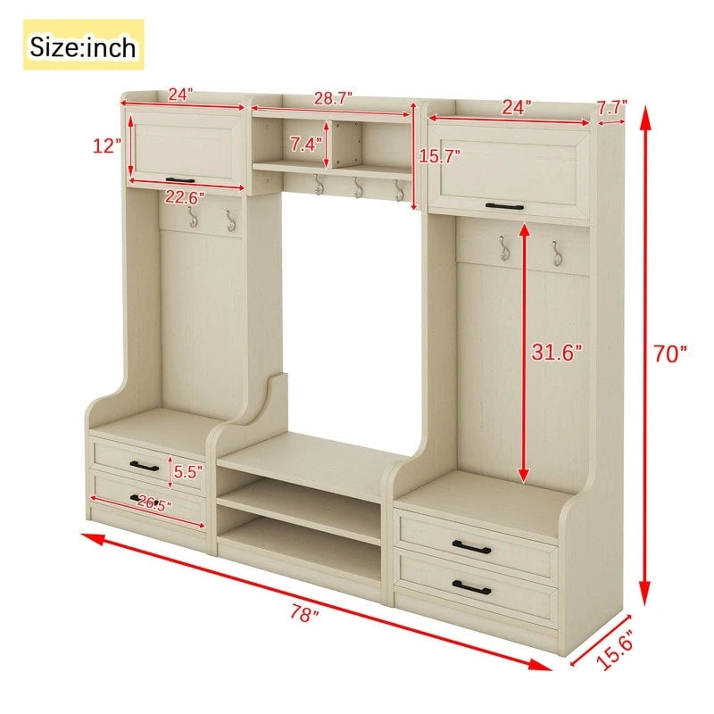 4-in-1 Detachable Hall Tree with Storage Cabinets and Hooks, Multifunctional Hallway Coat Rack with Drawers and Shoe Bench