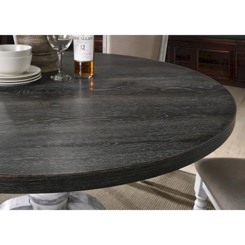 5-Piece Dining Set, Round Pedestal Table with 4 Chairs, Weathered White and Gray