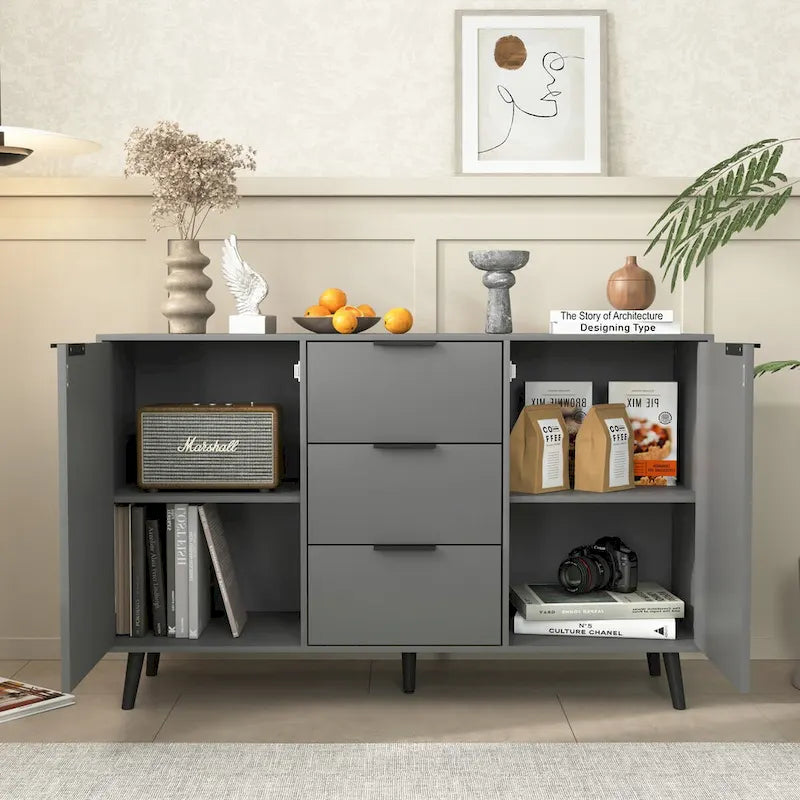 Sideboard Buffet Cabinet with Storage, Wood Coffee Bar Cabinet, 3 Drawers & 2 Doors, Buffet Cabinet Cupboard