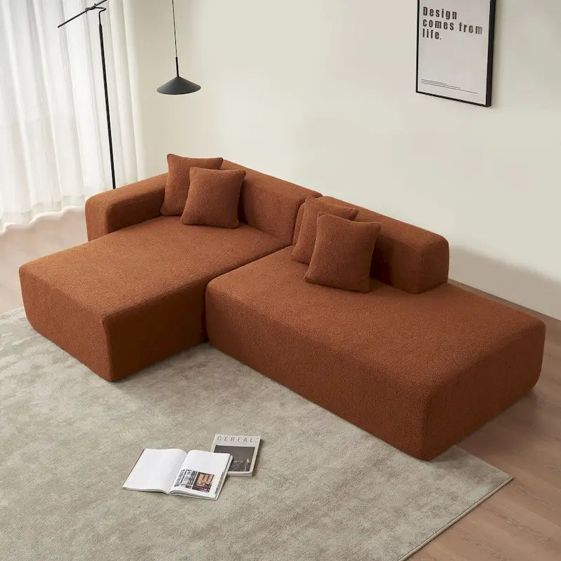 5-Seater L-Shape Sectional Couch, Sherpa Fabric, Ultimate Comfort, Orange