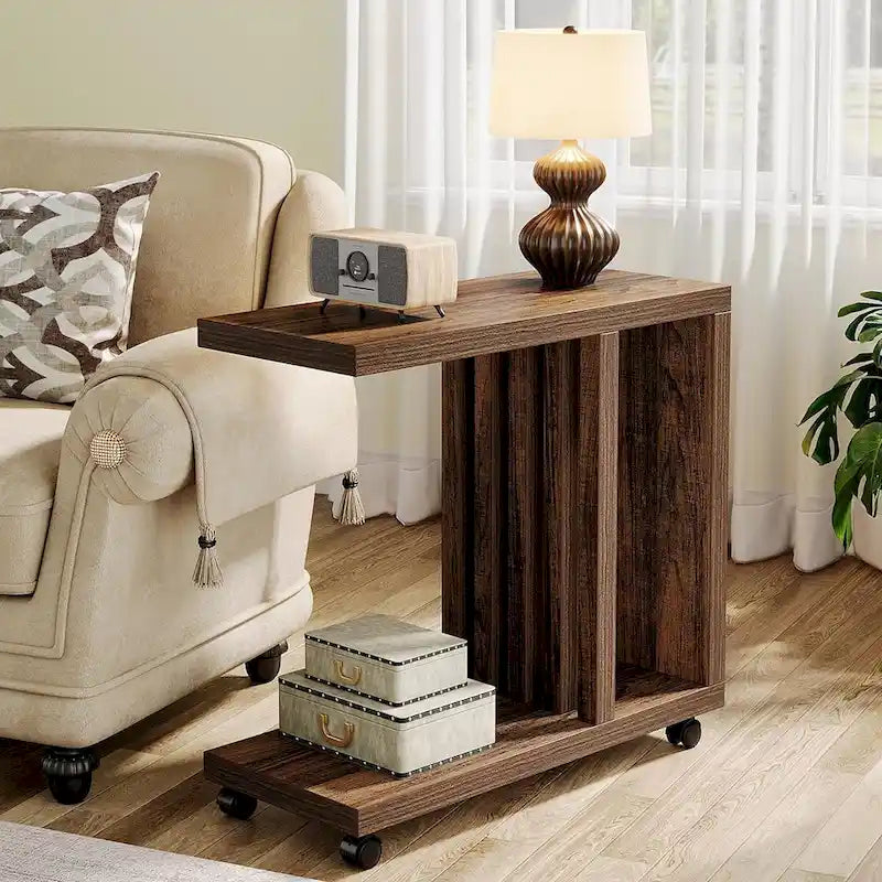 2-Tier C-Shaped End Table, Mobile Side Table for Couch and Bed with Lockable Wheels
