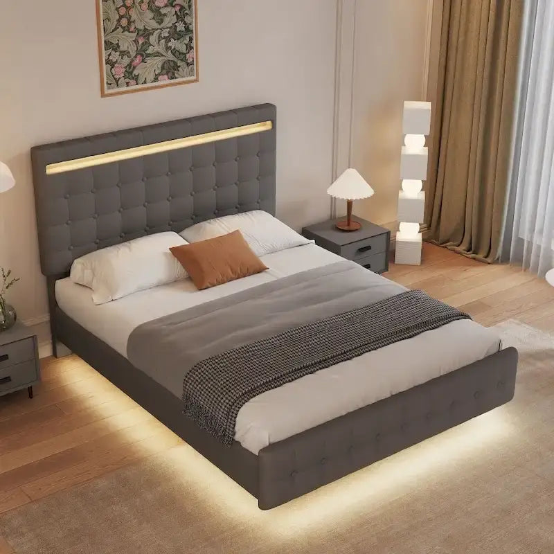 Floating Bed Frame Queen Size with LED Lights, Upholstered Headboard and Footboard Platform Bed