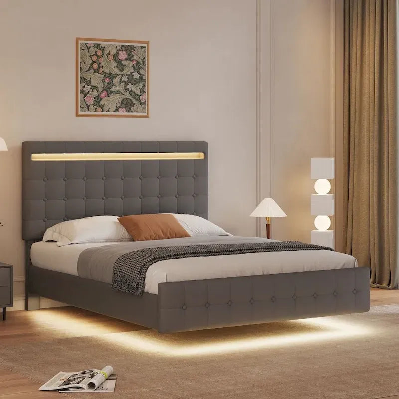 Floating Bed Frame Queen Size with LED Lights, Upholstered Headboard and Footboard Platform Bed
