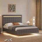 Floating Bed Frame Queen Size with LED Lights, Upholstered Headboard and Footboard Platform Bed