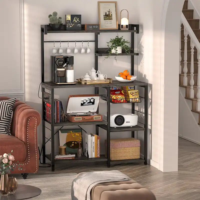 Bakers Rack with Power Outlet and LED Light Strings, Kitchen Storage Shelf